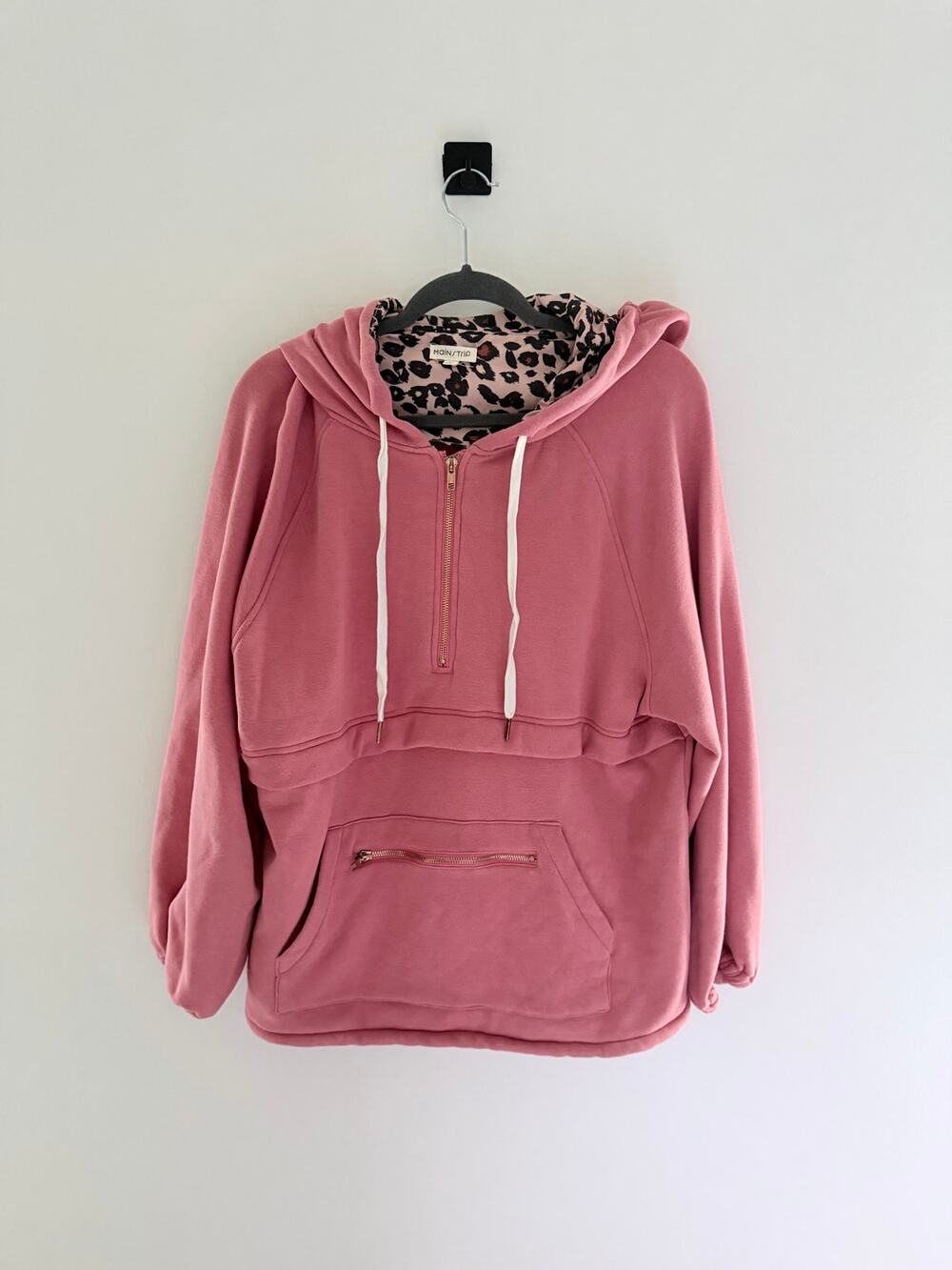 Mainstrip Mauve Pink Half-Zip Leopard Print Satin-Liked Pullover Hoodie-Size L